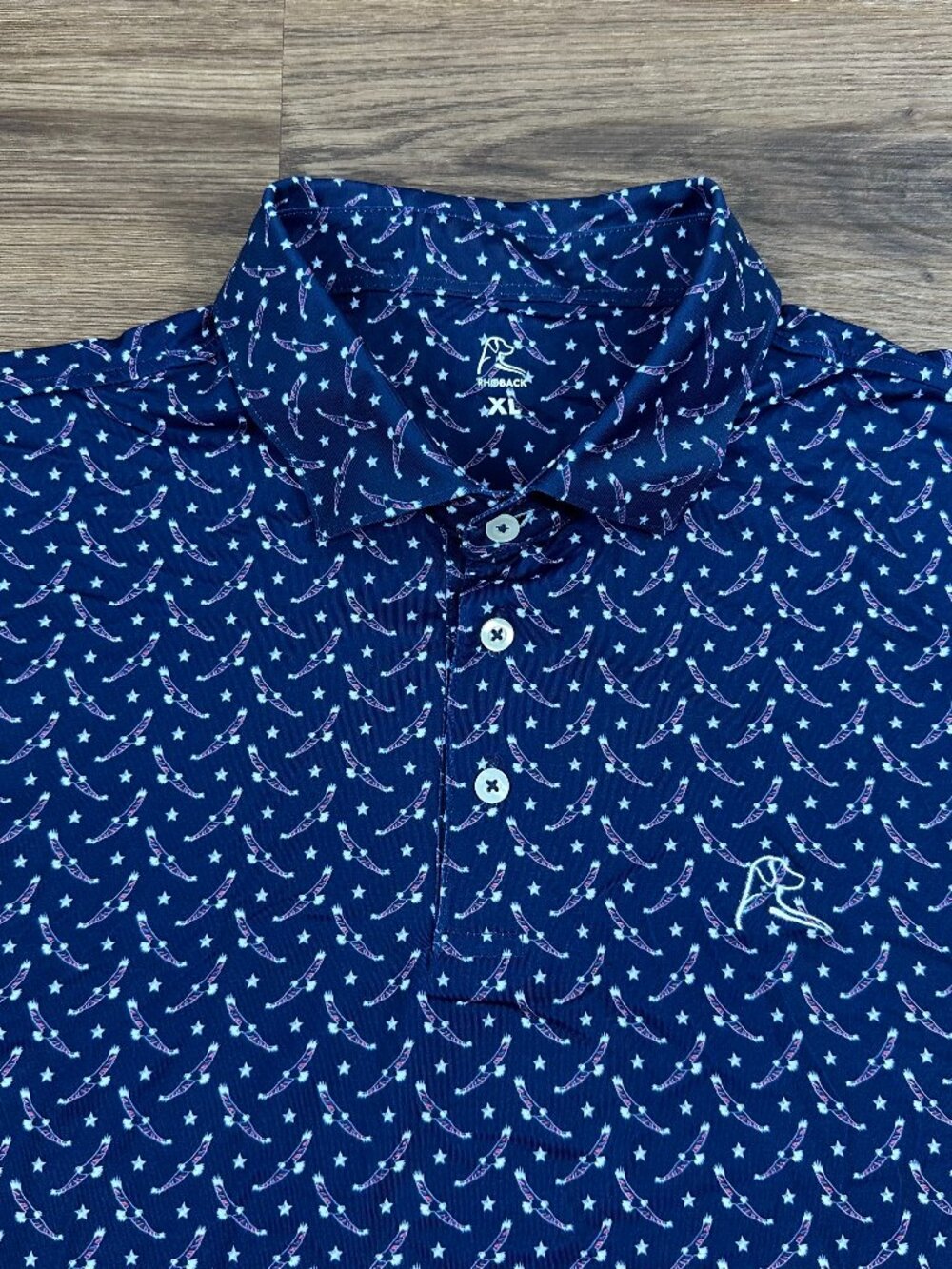 Rhoback Polo Shirt Mens XL Blue Bald Eagle All Over Print American Flag